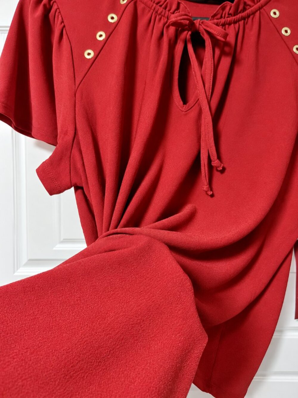 Sun-Dried Tomato Ruffle Tie Neck Blouse Gold Eyelet Short Sleeve Size L/G - Picture 8 of 11